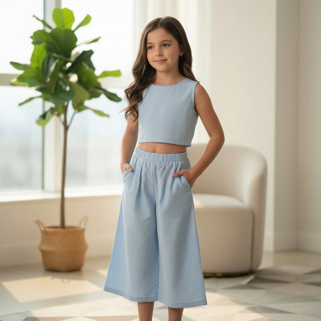 Young girl in light blue sleeveless top and wide-leg pants standing in a bright room with a plant and chair.