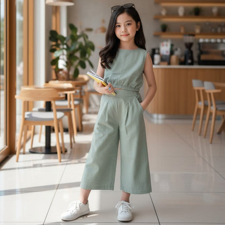 little girl in a light green outfit standing in a modern cafe.