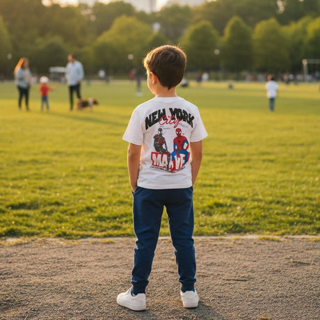 Child wearing a New York shirt in a park with city skyline in the background