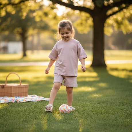 Child playing with a ball in a park with a picnic basket and blanket.