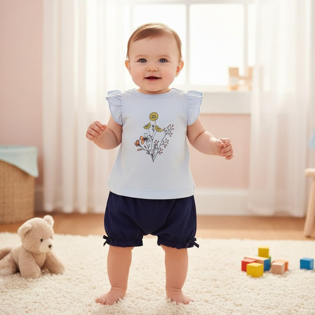 Baby standing in a room with toys and a teddy bear