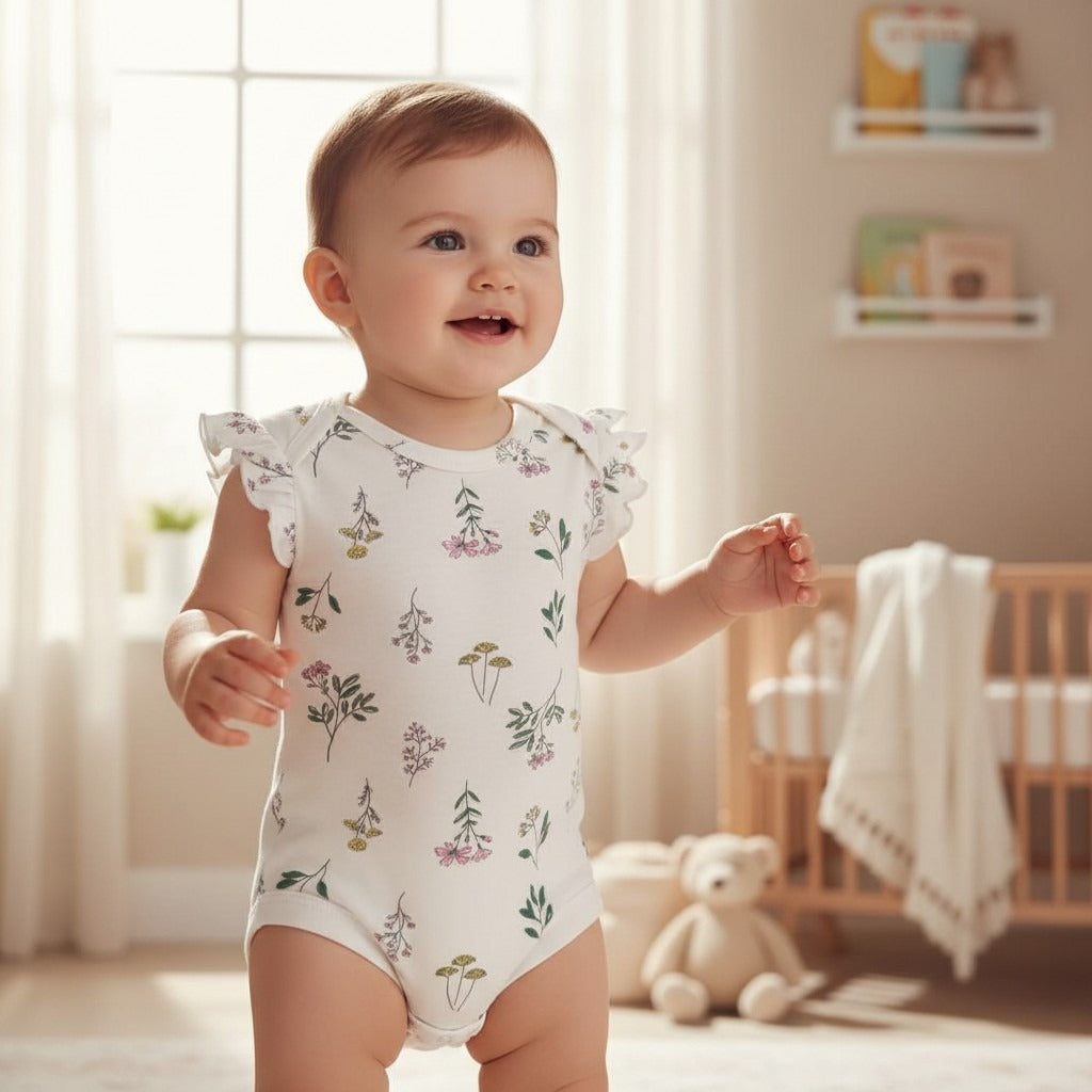 Baby in a floral onesie standing in a nursery with a teddy bear and crib in the background.