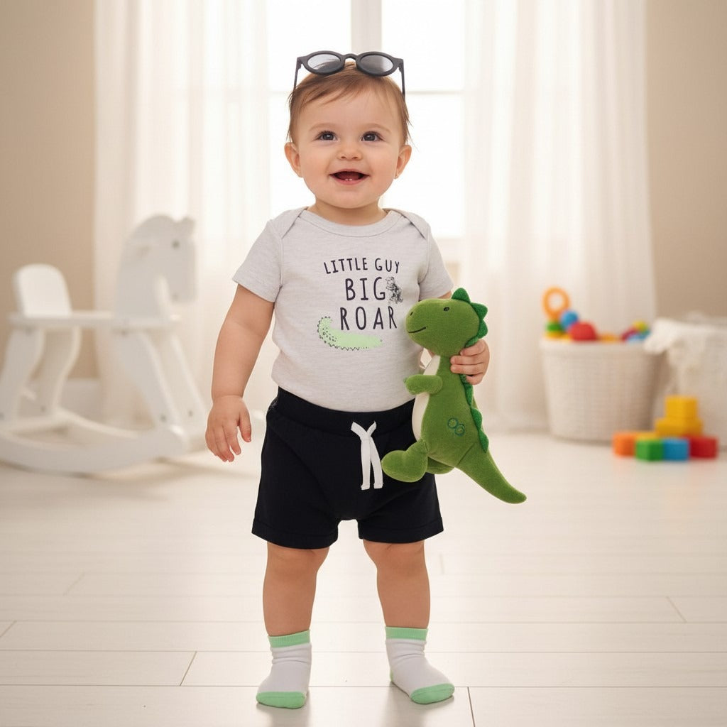 Baby holding a dinosaur toy in a room with toys and furniture.