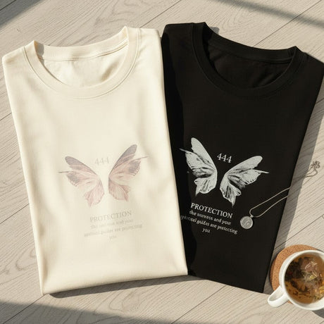 Two folded shirts with butterfly designs on a wooden floor.