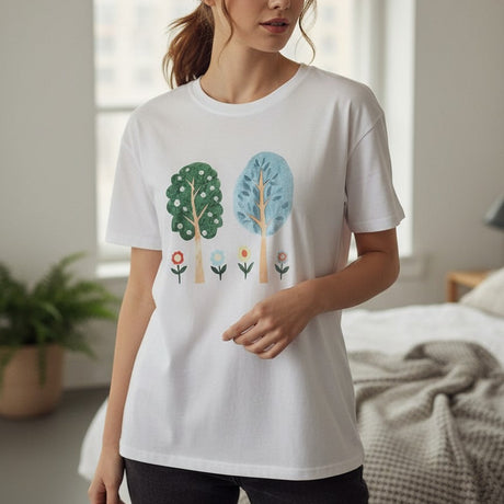 Woman wearing a white t-shirt with nature-themed design in a bright room.