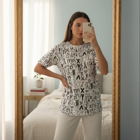 Woman taking a mirror selfie wearing a patterned shirt in a bedroom.