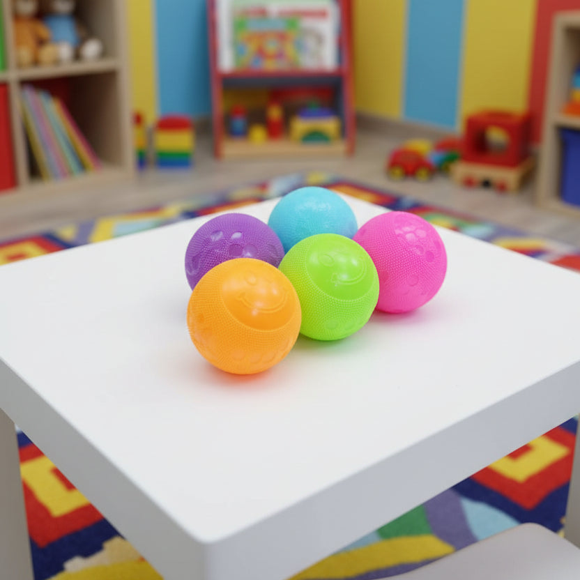 Colorful plastic balls on a textured surface with cardboard in the background