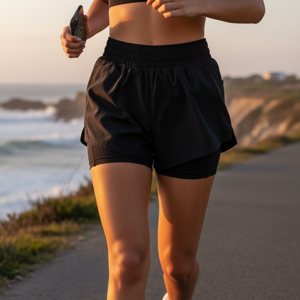 Person wearing black athletic shorts walking along a coastal path.