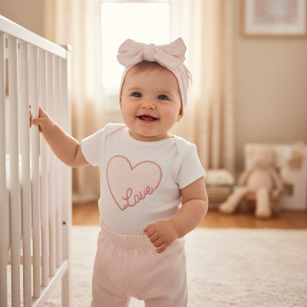 Love Heart Bodysuit, Jogger & Bow Set