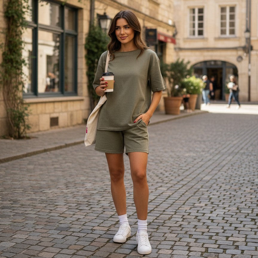 Woman in a green outfit standing on a cobblestone street holding a coffee cup.