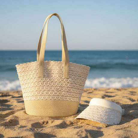 Woven straw bag and white hat on a sandy beach with ocean in the background