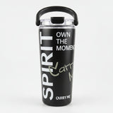 Black tumbler with motivational text on a white background