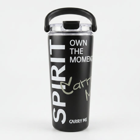 Black tumbler with motivational text on a white background
