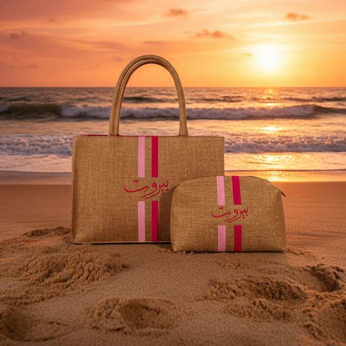 Woven bags with pink straps held by a hand in a store setting