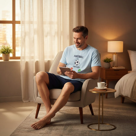 Man sitting in a chair in a living room using a tablet, with a cup of coffee on a small table.