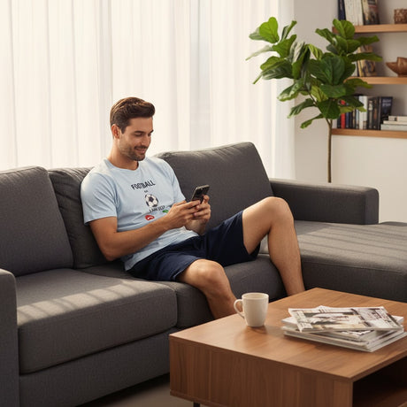 Man sitting on a gray sofa using a smartphone in a living room.