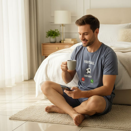 Man sitting on the floor holding a cup and phone in a bedroom