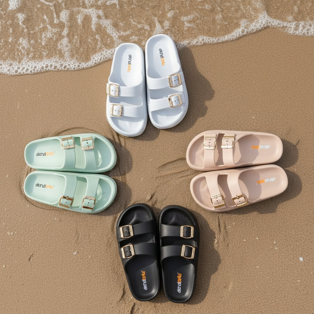 Set of sandals in various colors on a gray floor.