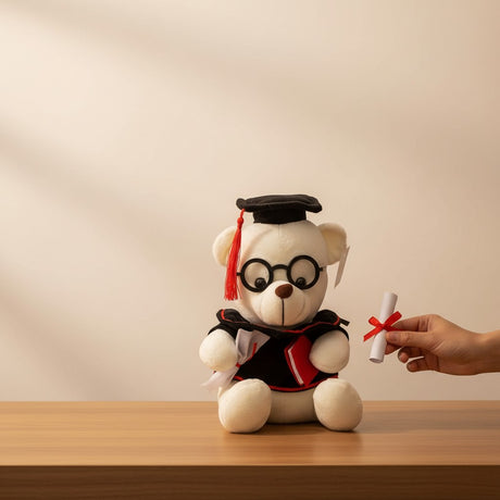 Teddy bear in graduation attire receiving a diploma from a hand on a wooden surface with a beige background