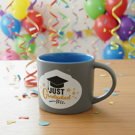 Gray mug with blue interior, 'I Just Graduated' design on a wooden surface.