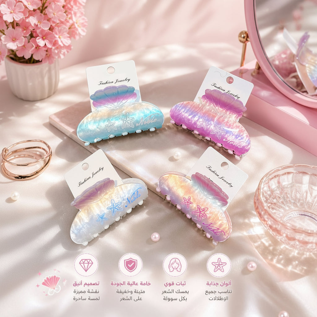 Set of colorful mermaid-style hair clips on a soft pink background with decorative elements.