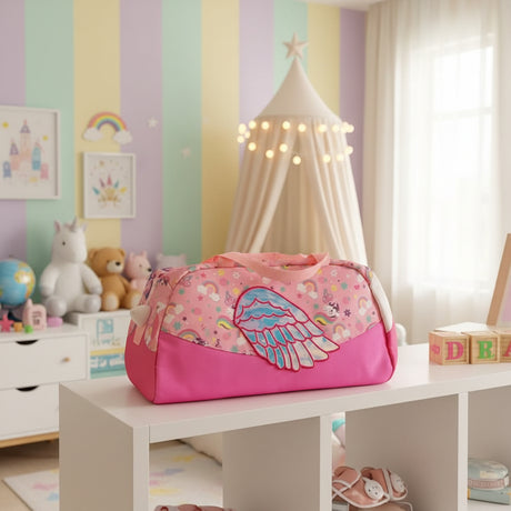 Pink cosmetic bag with butterfly design on a store shelf with various items.