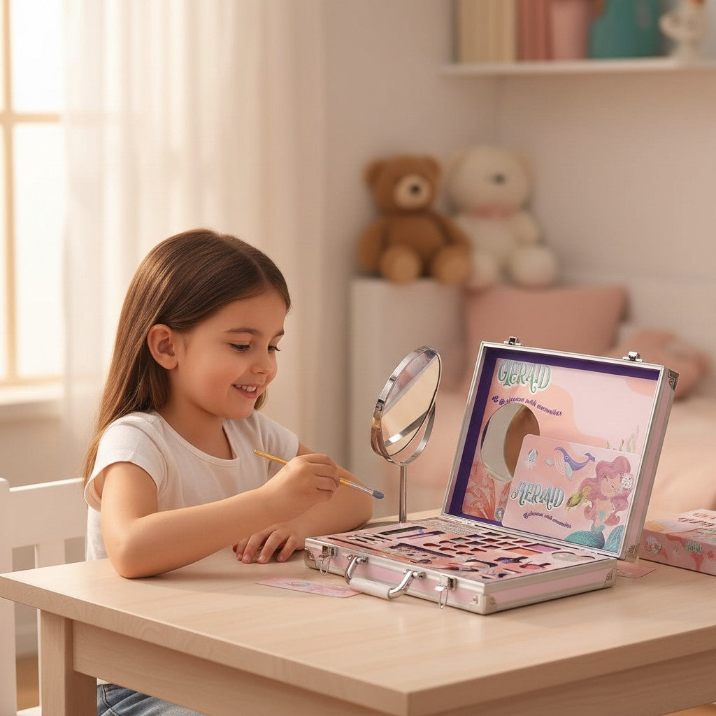 Young girl using a makeup set with a mirror and various items on a table in a bright room.