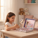 Young girl using a makeup set with a mirror and various items on a table in a bright room.