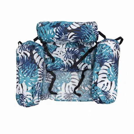Set of blue and white patterned bags on a light gray background