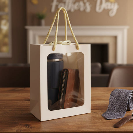 Gift bag with a window displaying a blue item on a wooden surface
