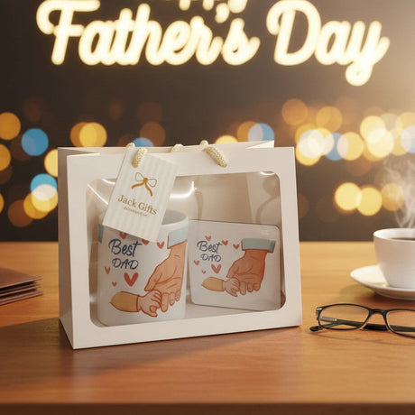 A mug with 'Best Dad' and 'Best DAD' text in a gift box, with 'Happy Father's Day' sign and blurred lights in the background.