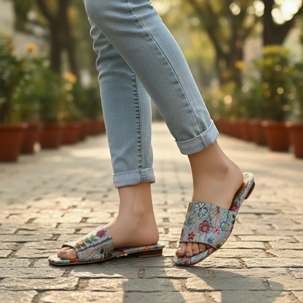 Blue Floral Tapestry Slides