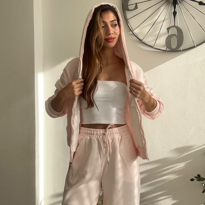 Baby Pink Zip Hoodie Wide Leg Set