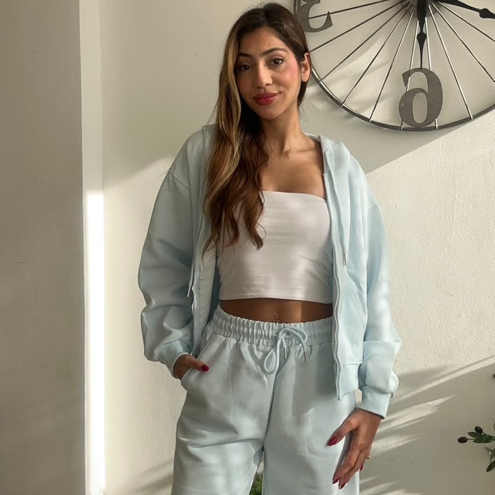 Baby Blue Zip Hoodie Wide Leg Set
