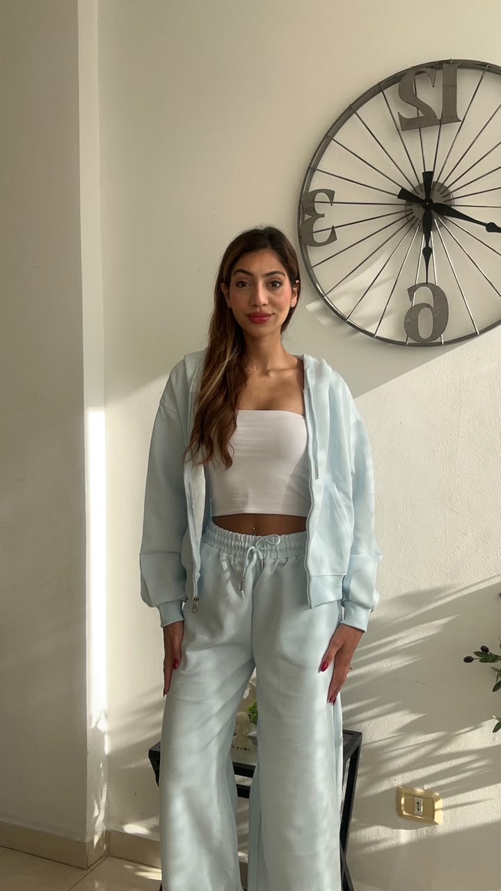 Baby Blue Zip Hoodie Wide Leg Set