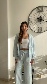 Baby Blue Zip Hoodie Wide Leg Set