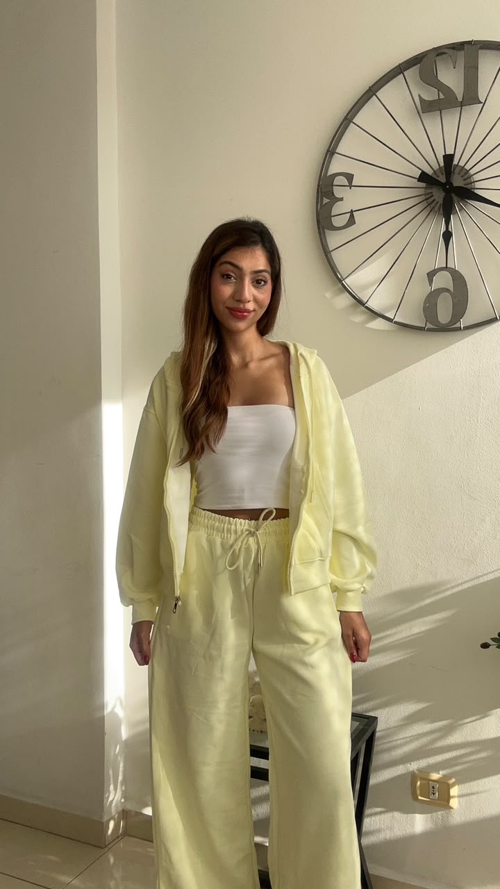 Butter Yellow Zip Hoodie Wide Leg Set