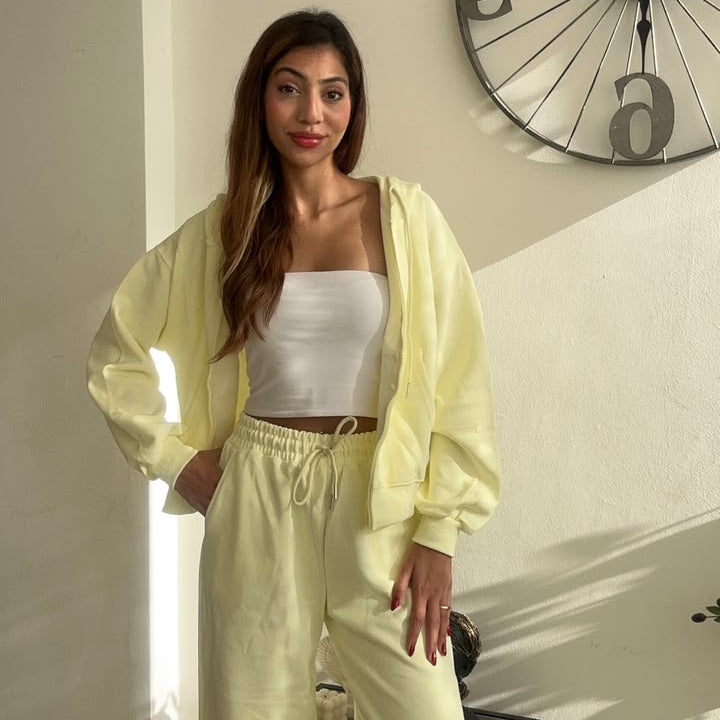 Butter Yellow Zip Hoodie Wide Leg Set