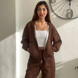 Chocolate Brown Zip Hoodie Wide Leg Set