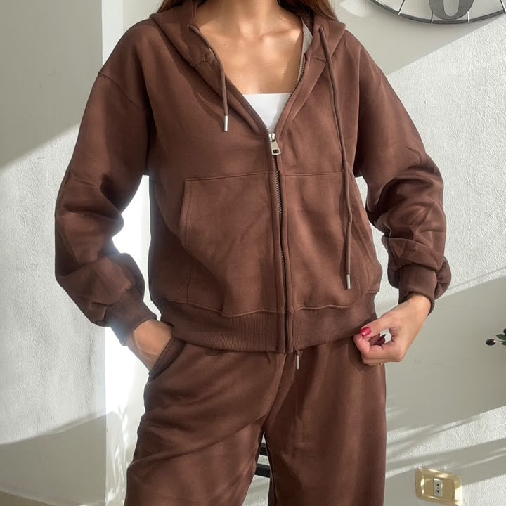 Chocolate Brown Zip Hoodie Wide Leg Set
