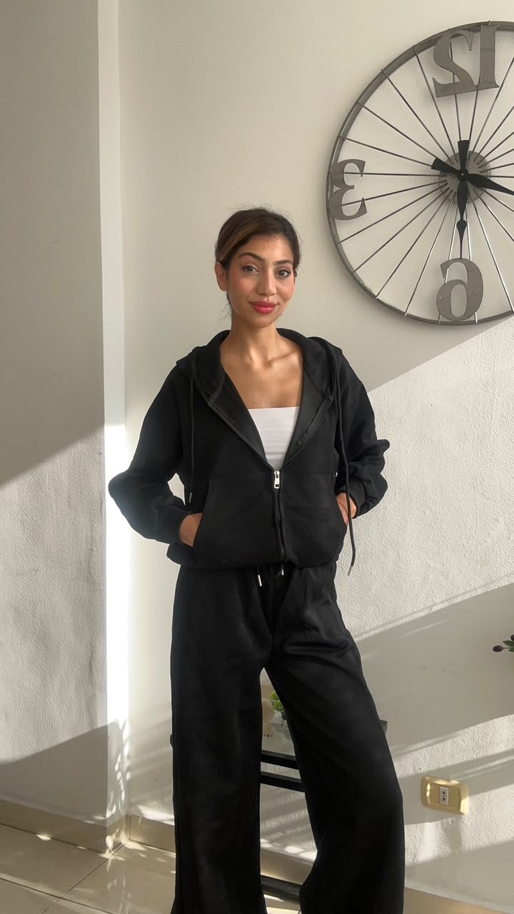 Black Zip Hoodie Wide Leg Set