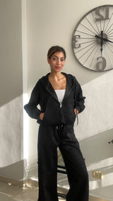 Black Zip Hoodie Wide Leg Set