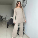 Beige Crew Neck Wool Knit Set