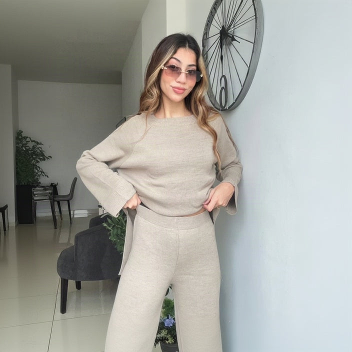 Beige Crew Neck Wool Knit Set