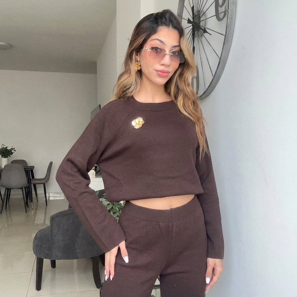 Brown Crew Neck Wool Knit Set