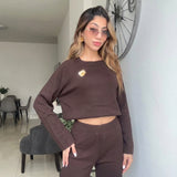 Brown Crew Neck Wool Knit Set