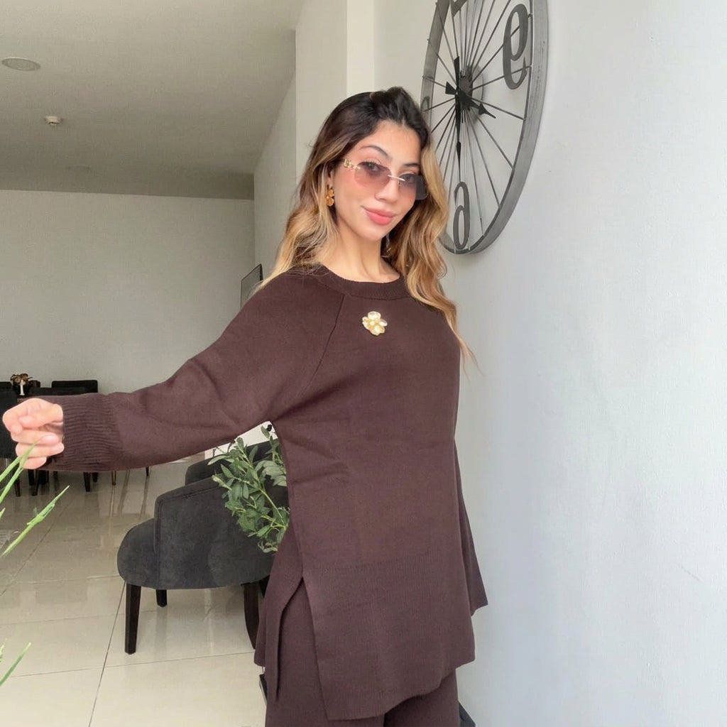 Brown Crew Neck Wool Knit Set