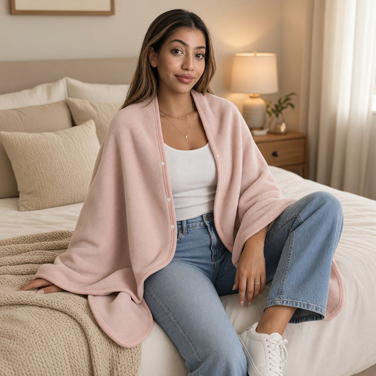 Light Pink Fleece Snap Button Hooded Blanket