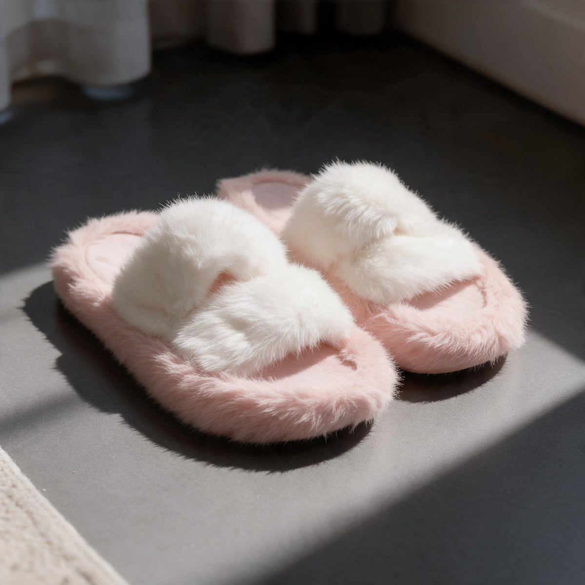 Pink Fluffy Fur Strap Kids Slide Slippers