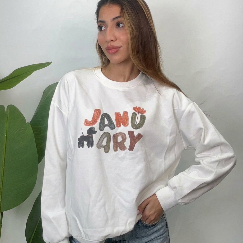 White January Puppy Print Sweatshirt